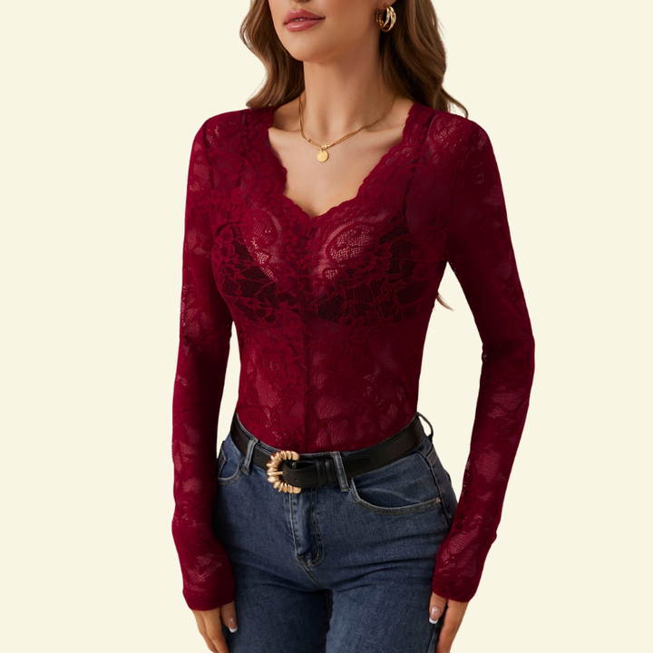 Women's long-sleeved lace blouse with V-neck and wavy trim