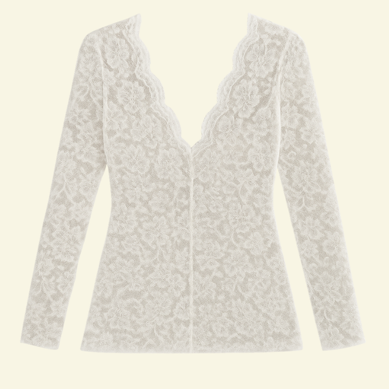 Women's long-sleeved lace blouse with V-neck and wavy trim