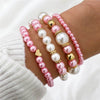 4-Piece White Faux Pearl Heart Beaded Bracelet Set for Women