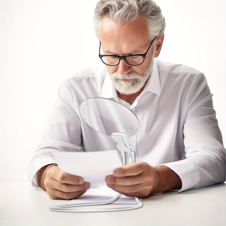 Hands-free magnifying glass with neck strap and 5X magnification