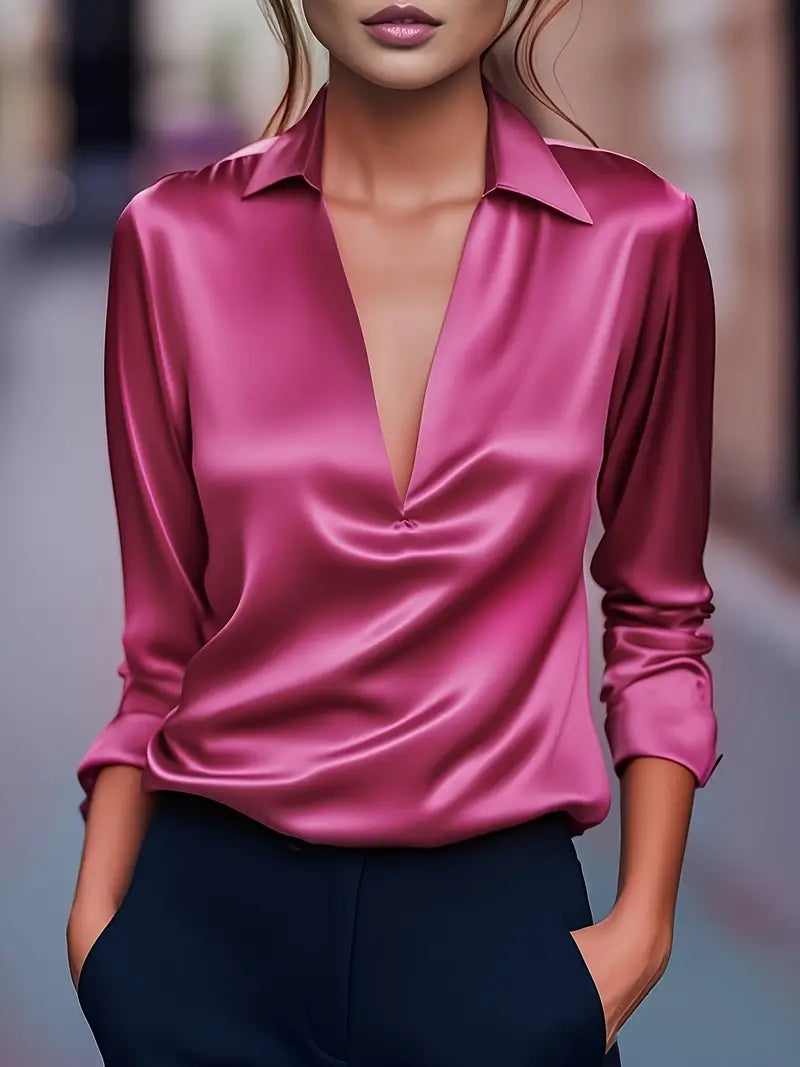 Women's satin blouse with V-neck and draped collar