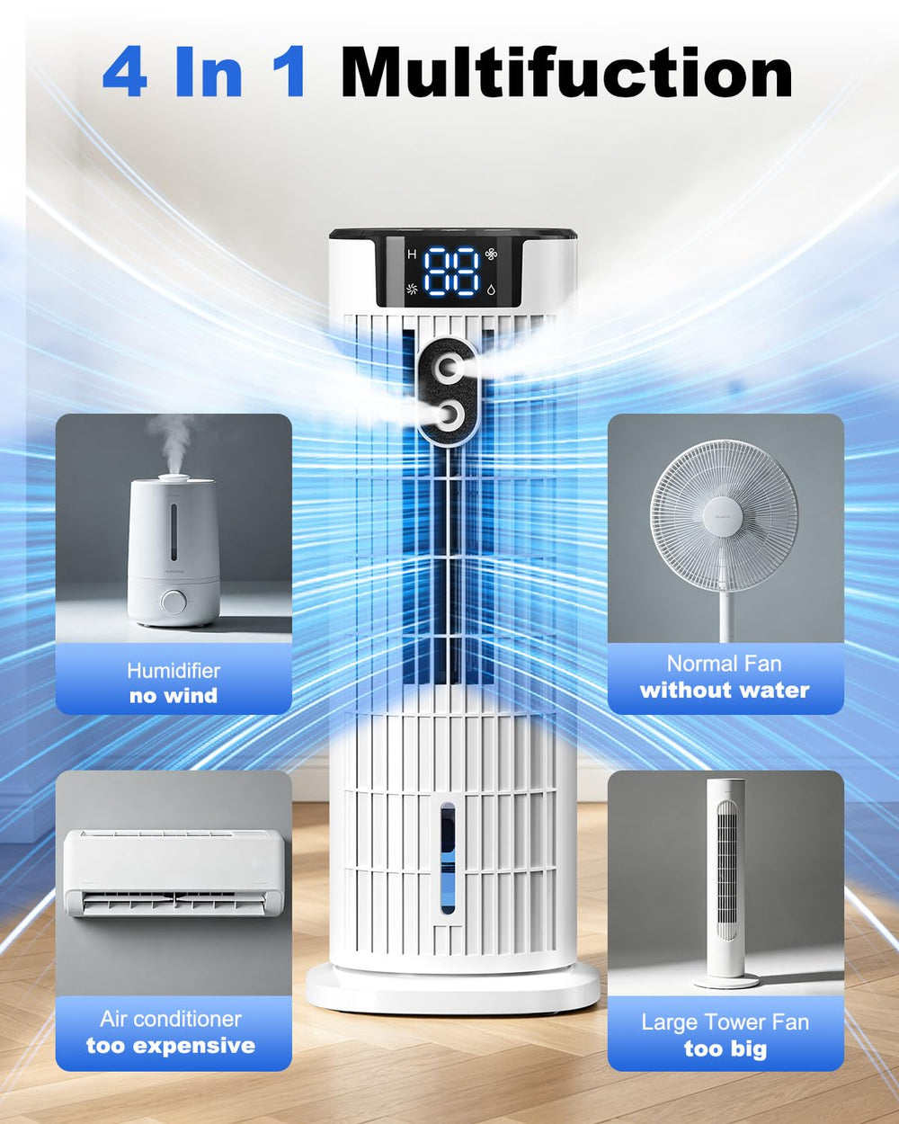 Portable 4-in-1 air cooler with remote control and timer