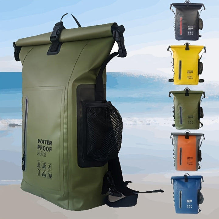 Waterproof 25L Backpack with Roll-Top Closure, Multiple Pockets, Sturdy Buckle Closure and Side Mesh Pocket