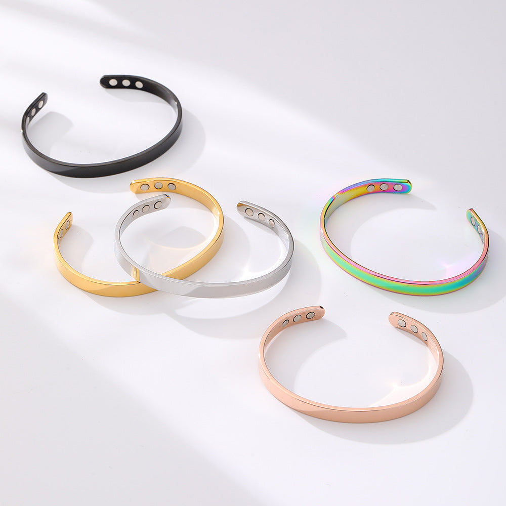 Stainless Steel Magnet Bracelet Wide Glossy Magnetic Therapy Opening