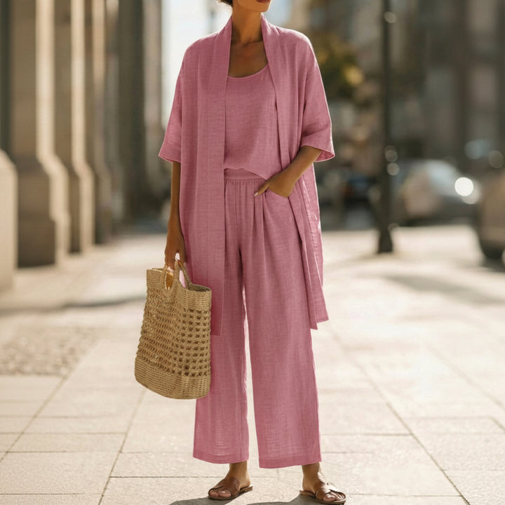 Three-piece Suit Women's Mid-length Cardigan Tank Top And Straight-leg With Pockets Fashion Trousers Set