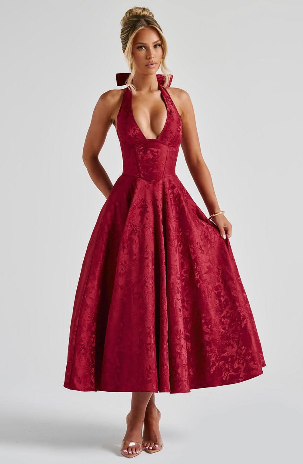 Floral Halterneck Midi Dress – Dress for Wedding Guests and Festive Occasions
