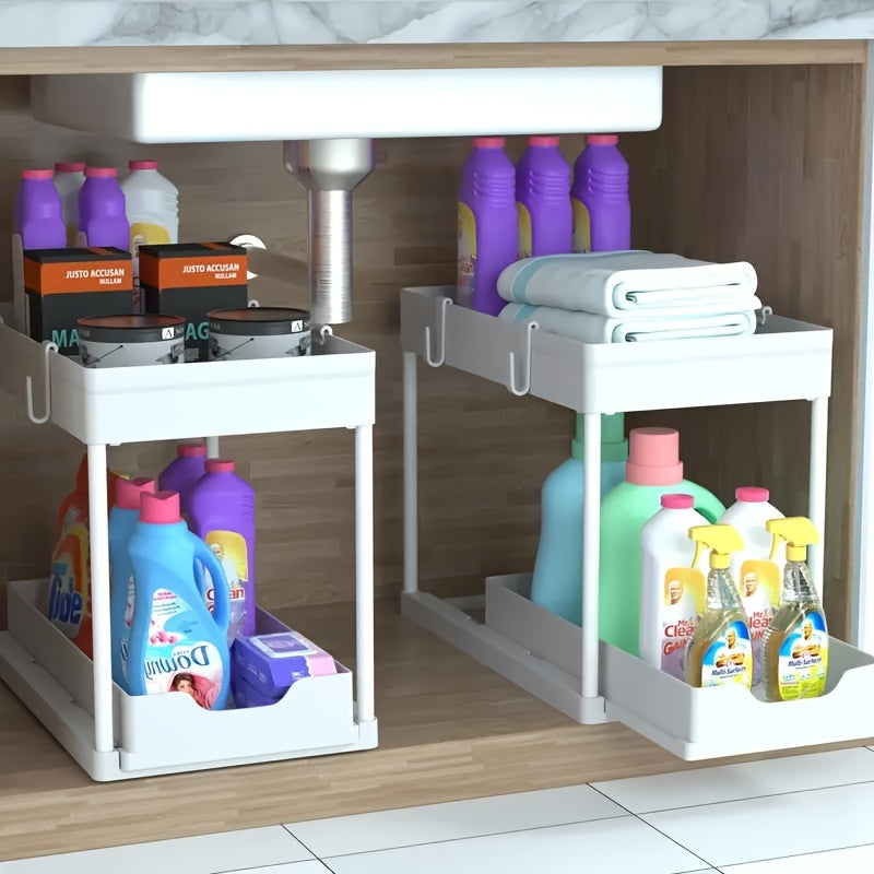 2-Tier Organiser with Hooks and Cup – Smart, Stable Storage System for Under the Sink or Worktop