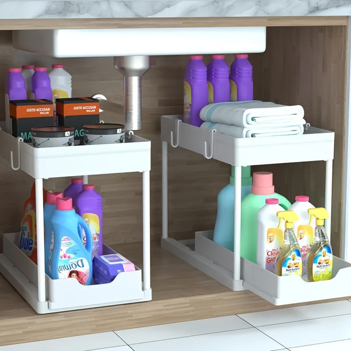 2-Tier Organiser with Hooks and Cup – Smart, Stable Storage System for Under the Sink or Worktop