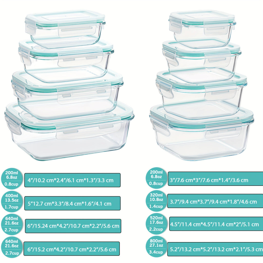 Set of 8 Glass Food Storage Containers – Bento Meal Prep Containers, Airtight, with Leak-Proof Lids, Suitable for Microwave, Oven, Freezer and Dishwasher, BPA-Free