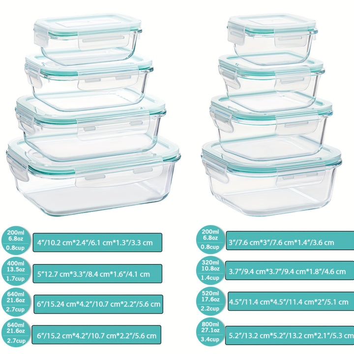 Set of 8 Glass Food Storage Containers – Bento Meal Prep Containers, Airtight, with Leak-Proof Lids, Suitable for Microwave, Oven, Freezer and Dishwasher, BPA-Free