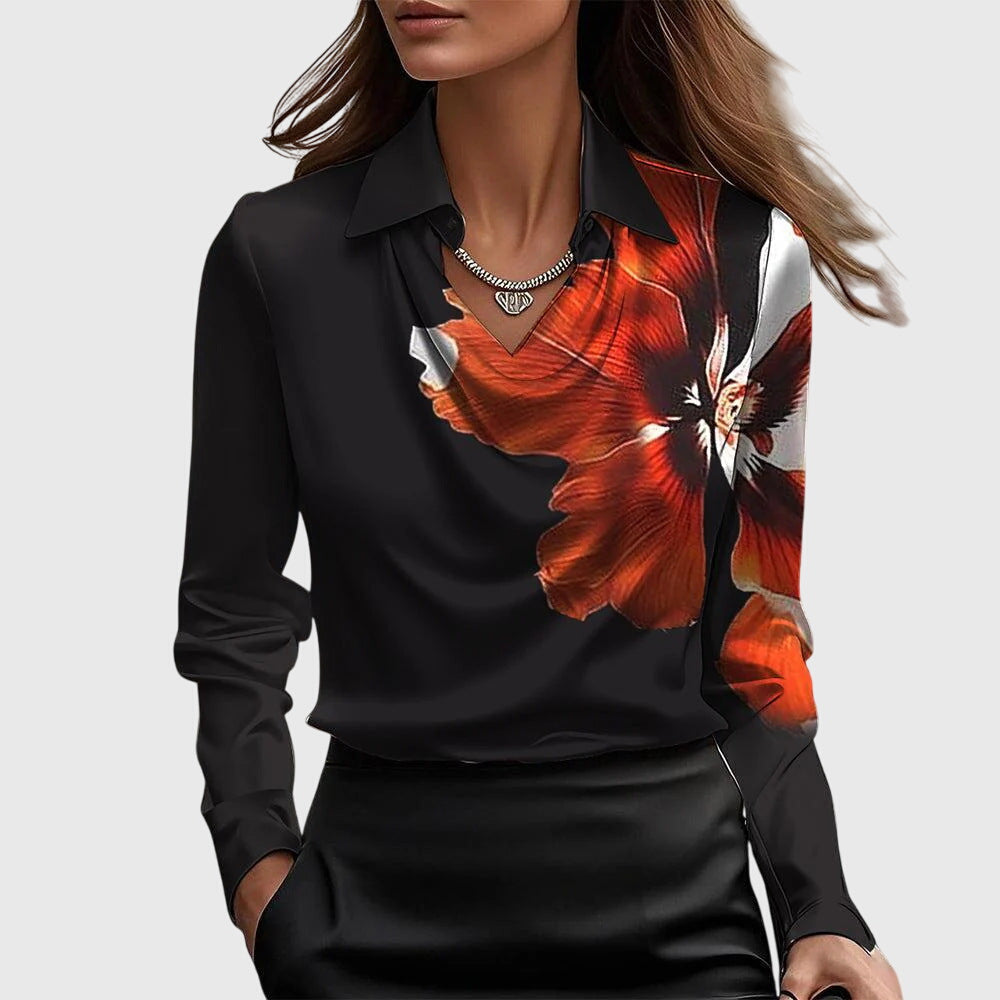Women's satin blouse with waterfall neckline - long-sleeved collared top for work and evenings