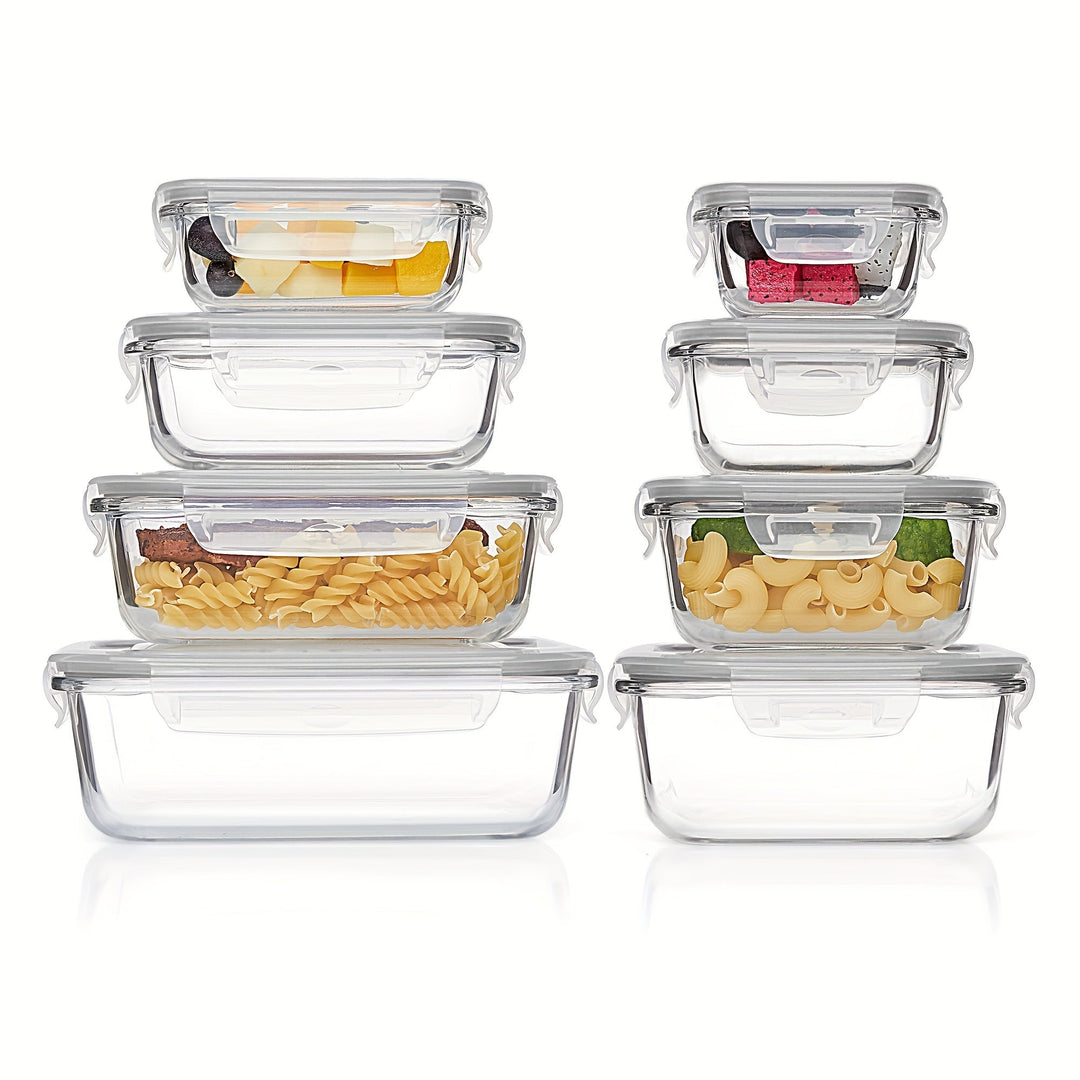Set of 8 Glass Food Storage Containers – Bento Meal Prep Containers, Airtight, with Leak-Proof Lids, Suitable for Microwave, Oven, Freezer and Dishwasher, BPA-Free