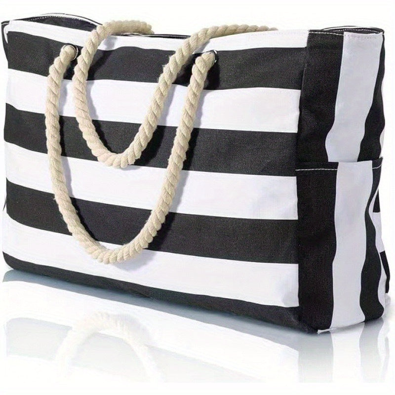 Gestreifte Strandtasche mit großer Kapazität – Robustes Polyester mit Reißverschluss