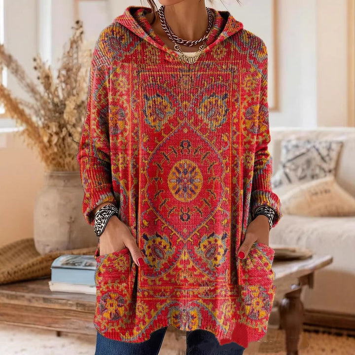 Bohemian-print hooded tunic top with relaxed fit and long sleeves