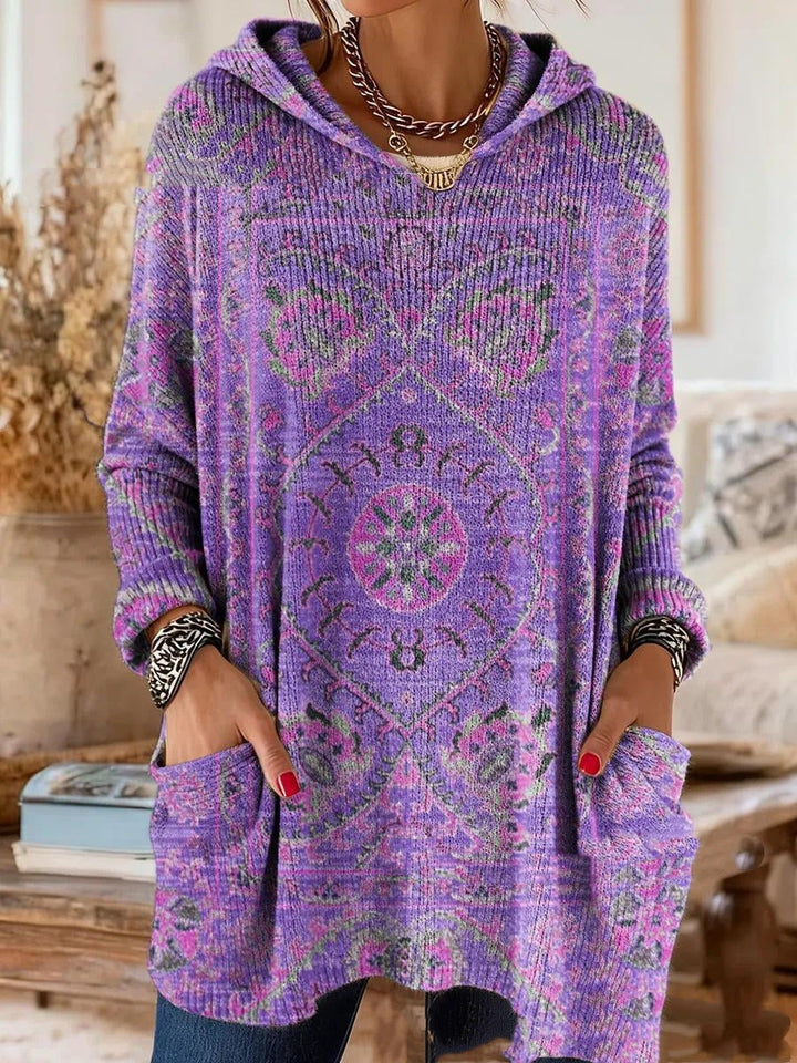 Bohemian-print hooded tunic top with relaxed fit and long sleeves