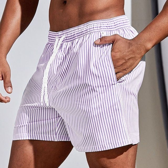 Men's Striped Swim Shorts with Drawstring Waist