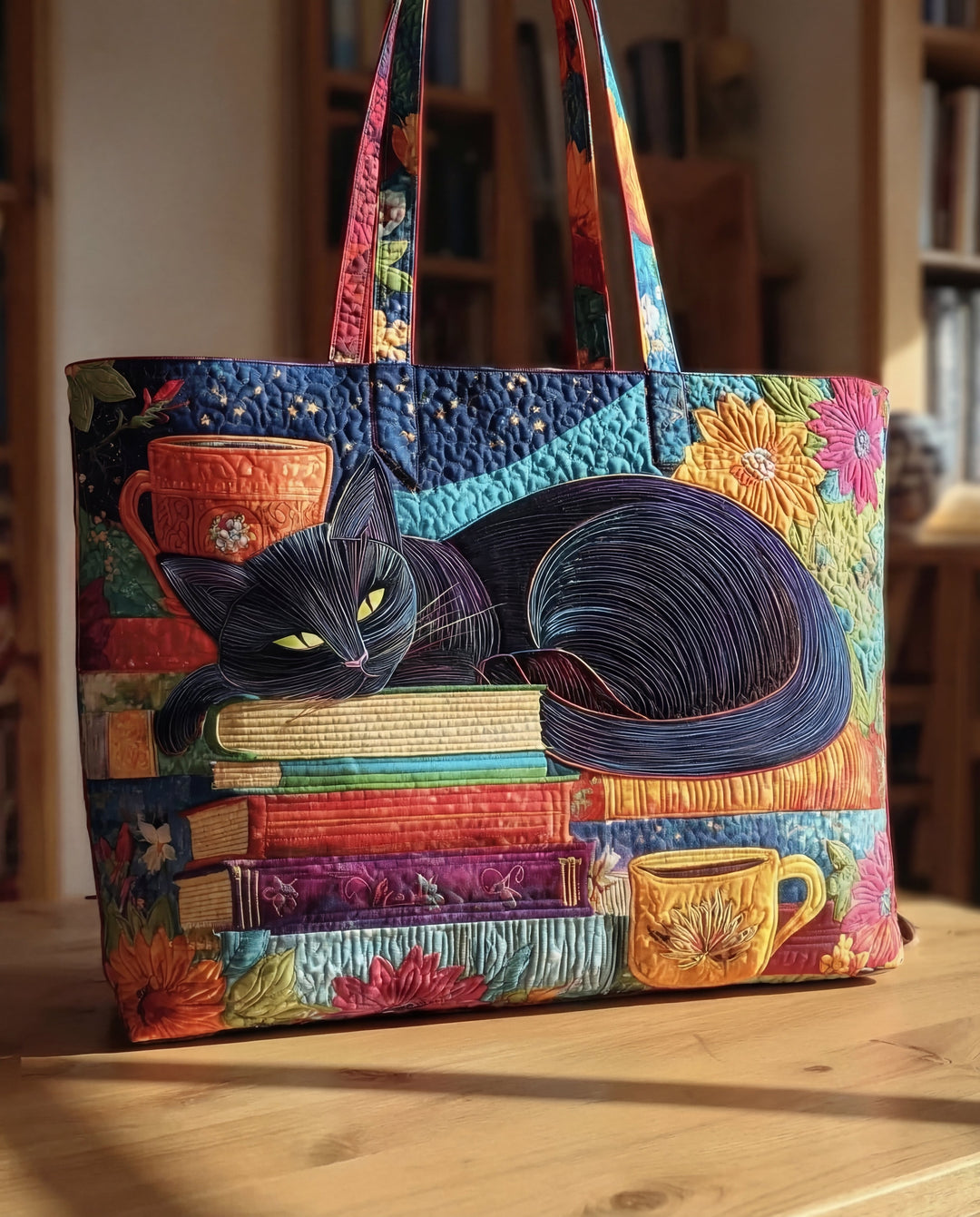 Quilted Tote Bag "Black Cat with Books and Teacups"