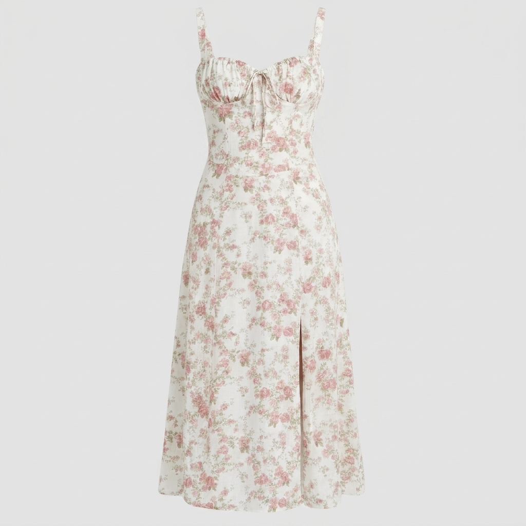 Chic Midi Dress with Patterned Skirt and Adjustable Shoulder Straps