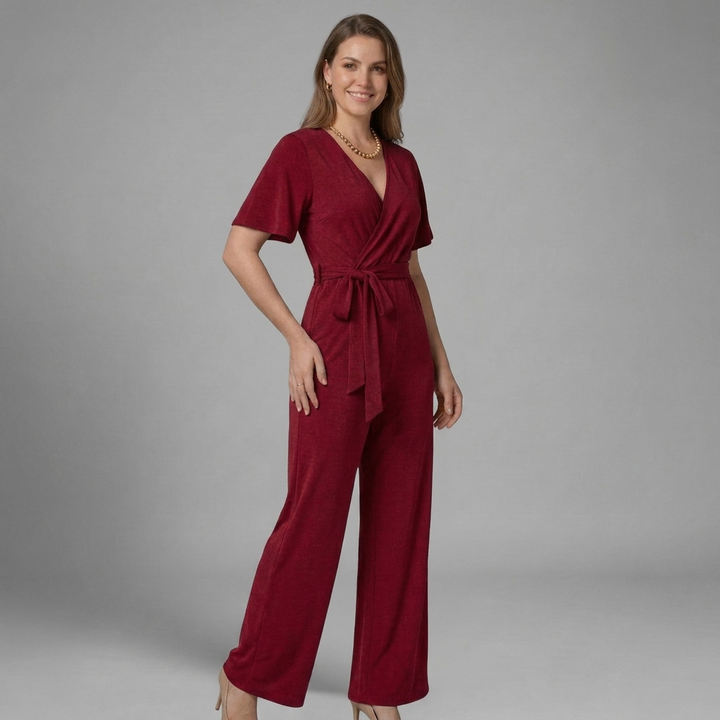 Liora | Women's V-Neck Jumpsuit with Waist Tie