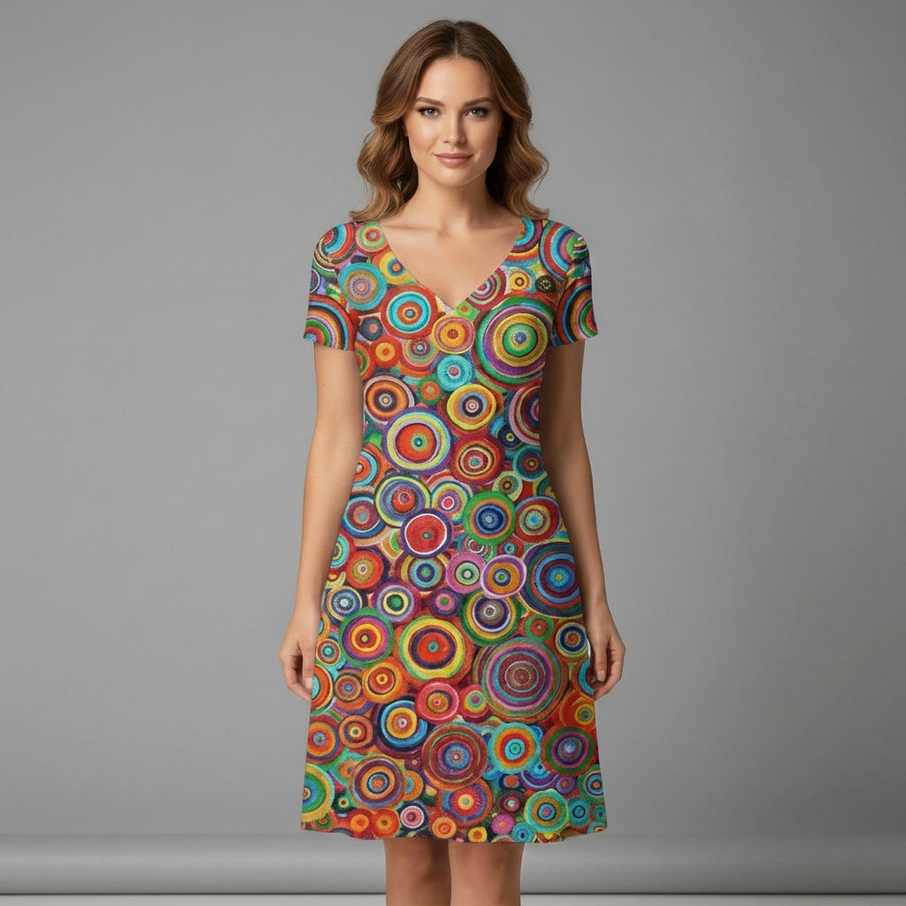Women's Knee-Length V-Neck Dress with Short Sleeves