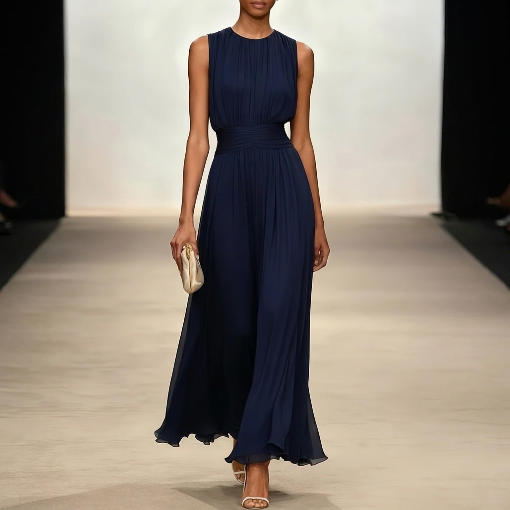 Pleated Maxi Wedding Guest Dress With Ruched Waist