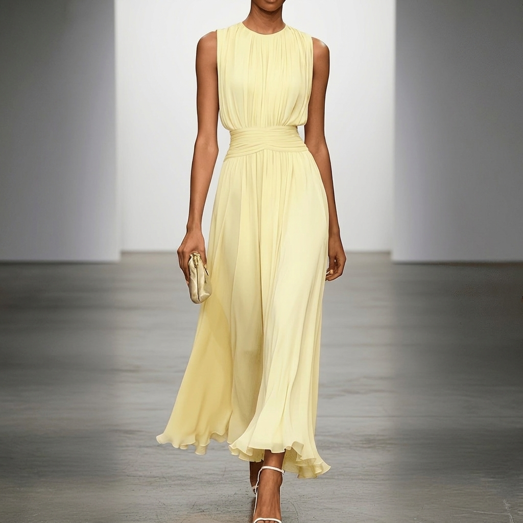 Pleated Maxi Wedding Guest Dress With Ruched Waist