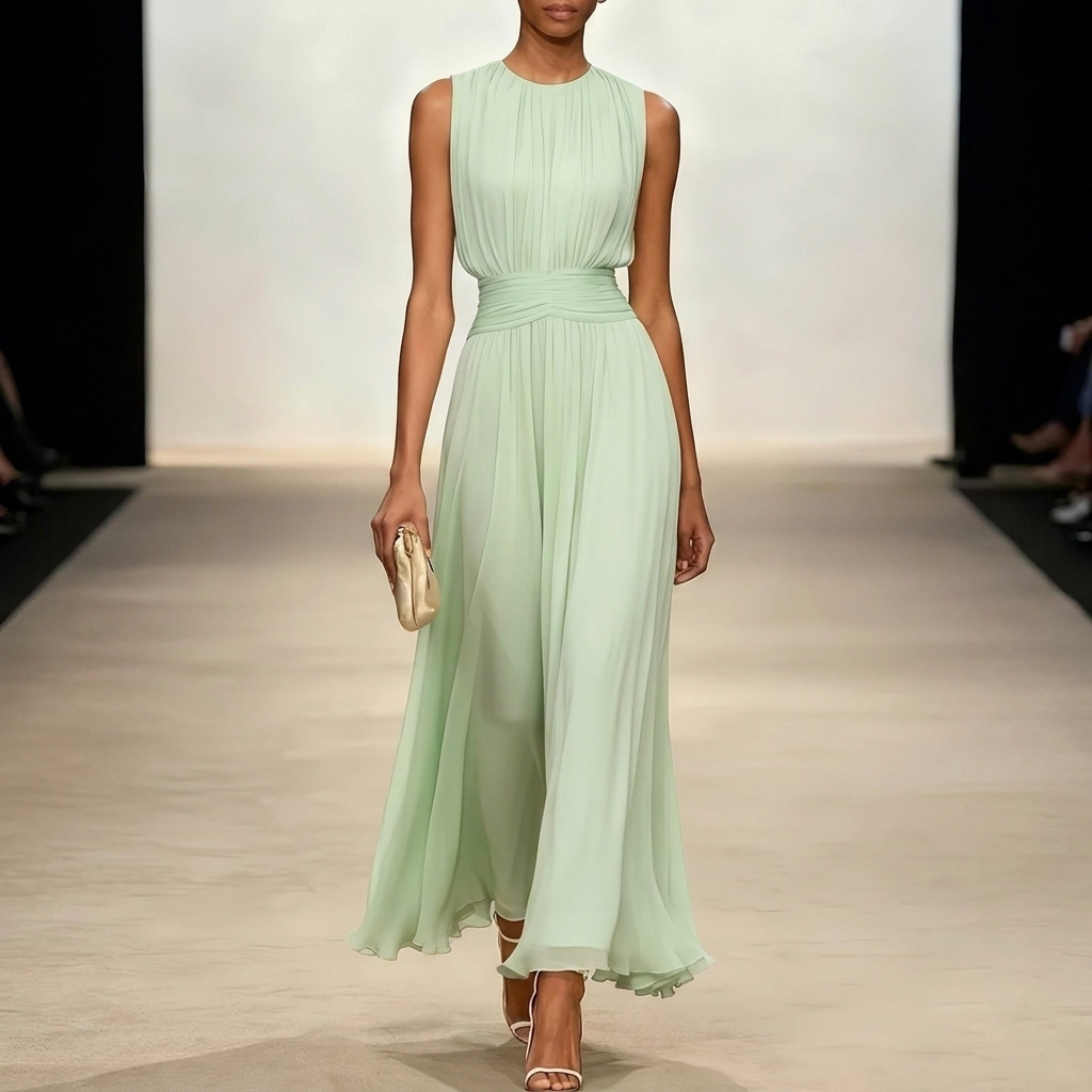 Pleated Maxi Wedding Guest Dress With Ruched Waist