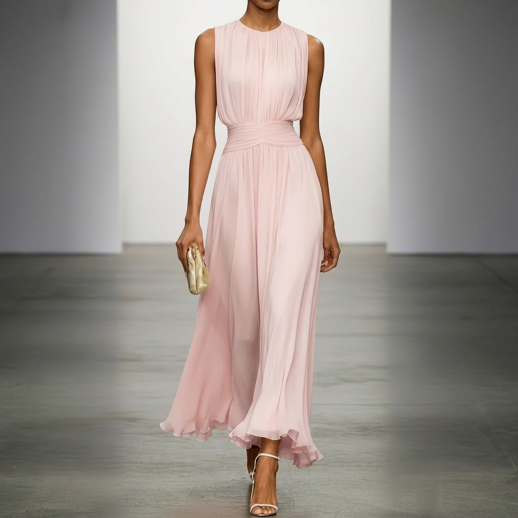 Pleated Maxi Wedding Guest Dress With Ruched Waist