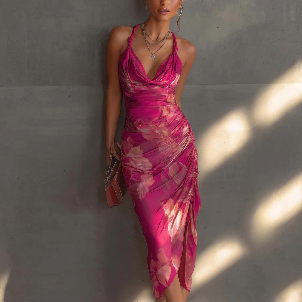 Cowl Neck Floral Pleated Midi Dress