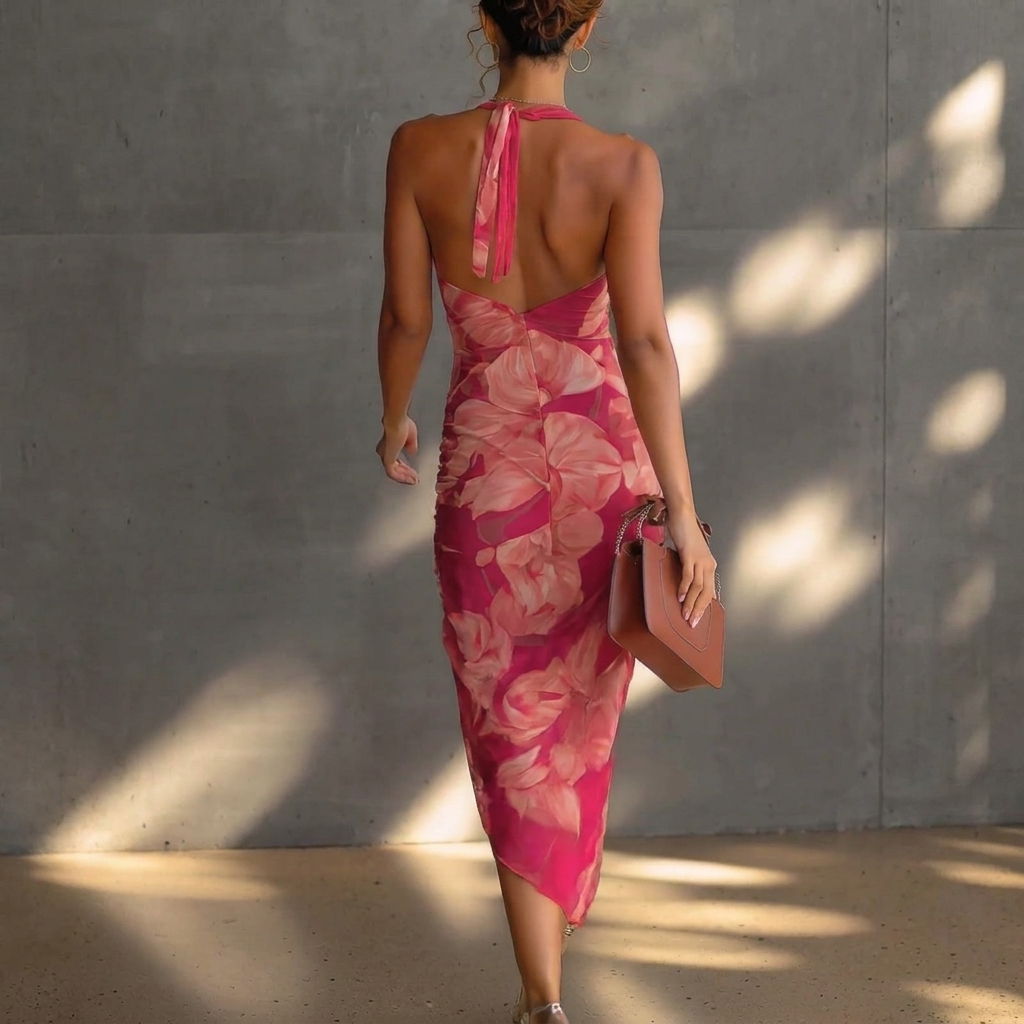 Cowl Neck Floral Pleated Midi Dress