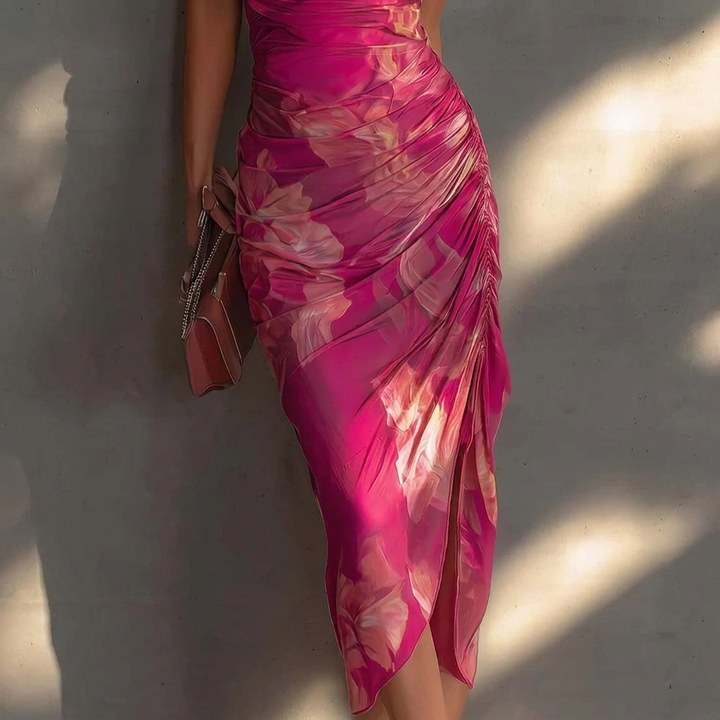 Cowl Neck Floral Pleated Midi Dress