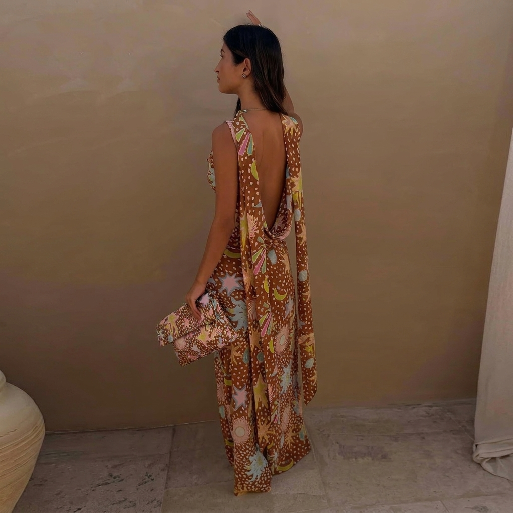 Cowl Neck Halter House Dress Brown Fawn Print