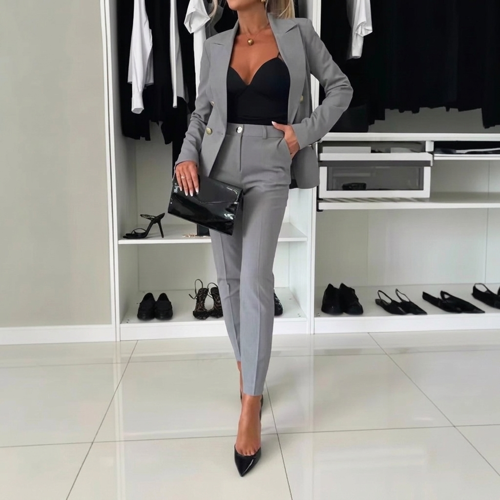 Women’s Professional Two Piece Suit with Lapel Jacket and Slim Fit Pants