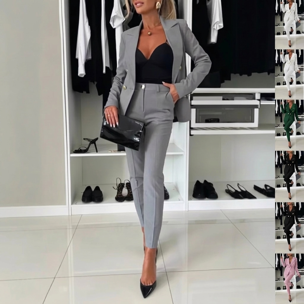 Women’s Professional Two Piece Suit with Lapel Jacket and Slim Fit Pants