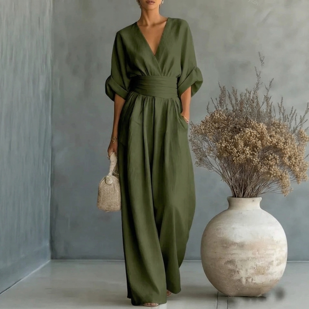 Women’s Short Sleeve V-Neck Wide Leg Jumpsuit