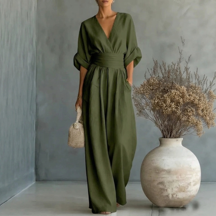 Women’s Short Sleeve V-Neck Wide Leg Jumpsuit