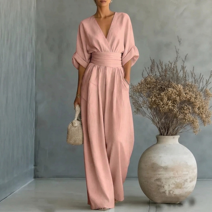 Women’s Short Sleeve V-Neck Wide Leg Jumpsuit