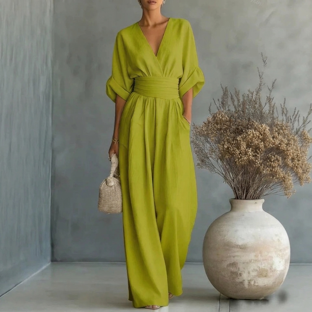 Women’s Short Sleeve V-Neck Wide Leg Jumpsuit