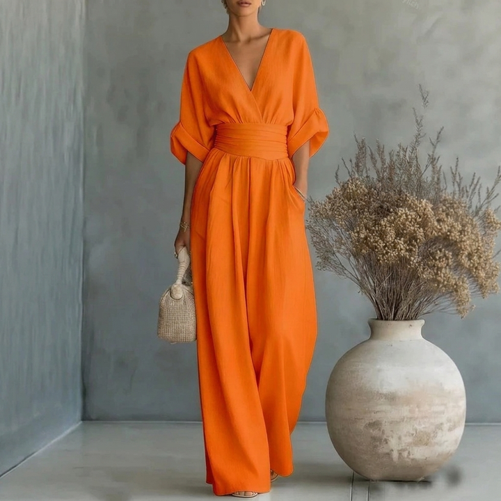 Women’s Short Sleeve V-Neck Wide Leg Jumpsuit