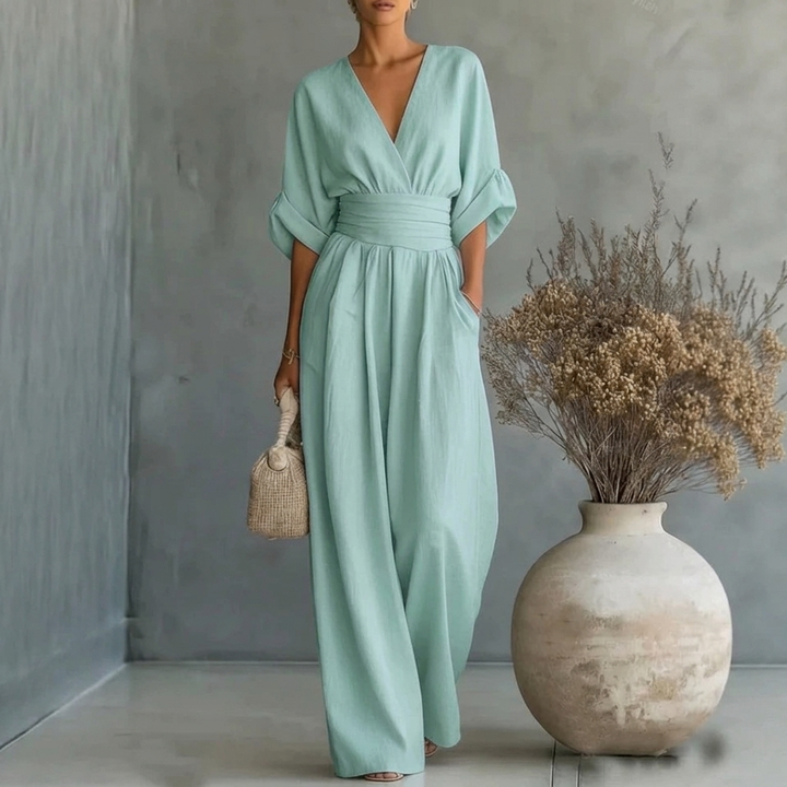 Women’s Short Sleeve V-Neck Wide Leg Jumpsuit