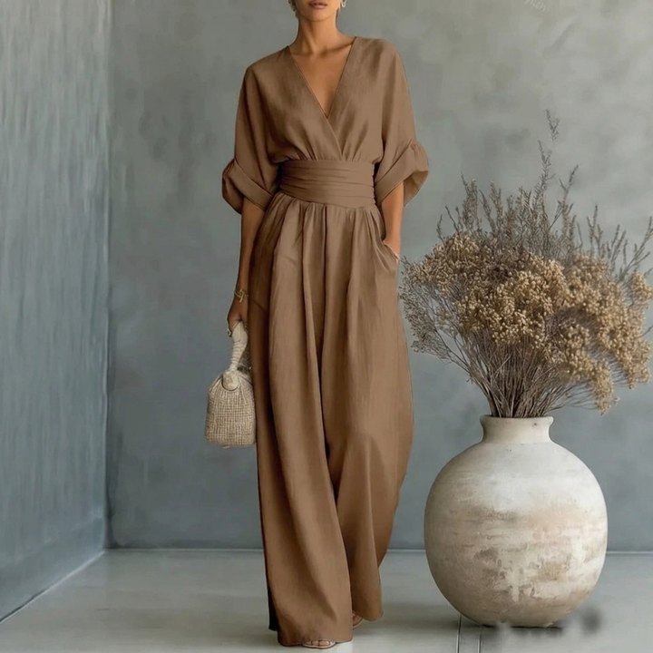 Women’s Short Sleeve V-Neck Wide Leg Jumpsuit