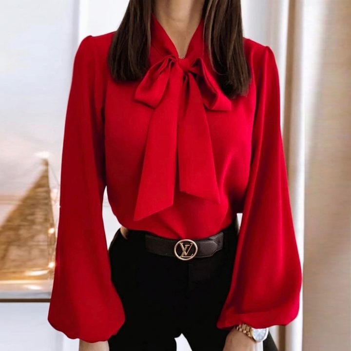 Women’s Bow Tie Collared Long Sleeve Business Blouse