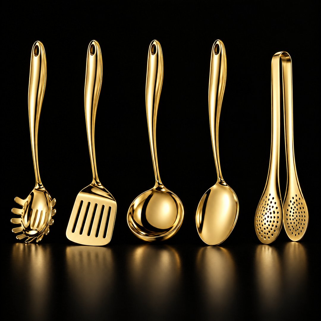 Stainless steel kitchen utensil set with curved handles, 3 to 11 pieces