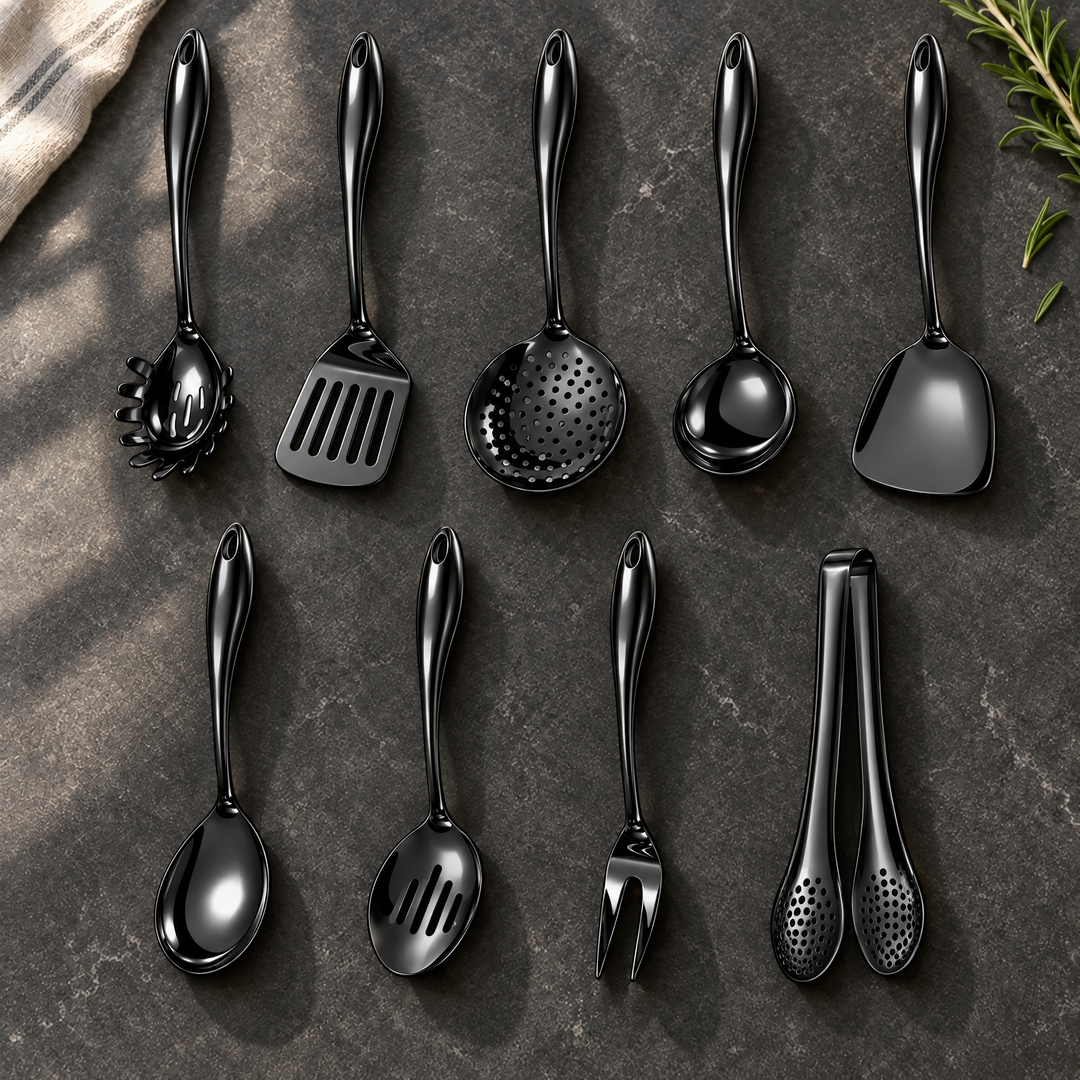 Stainless steel kitchen utensil set with curved handles, 3 to 11 pieces