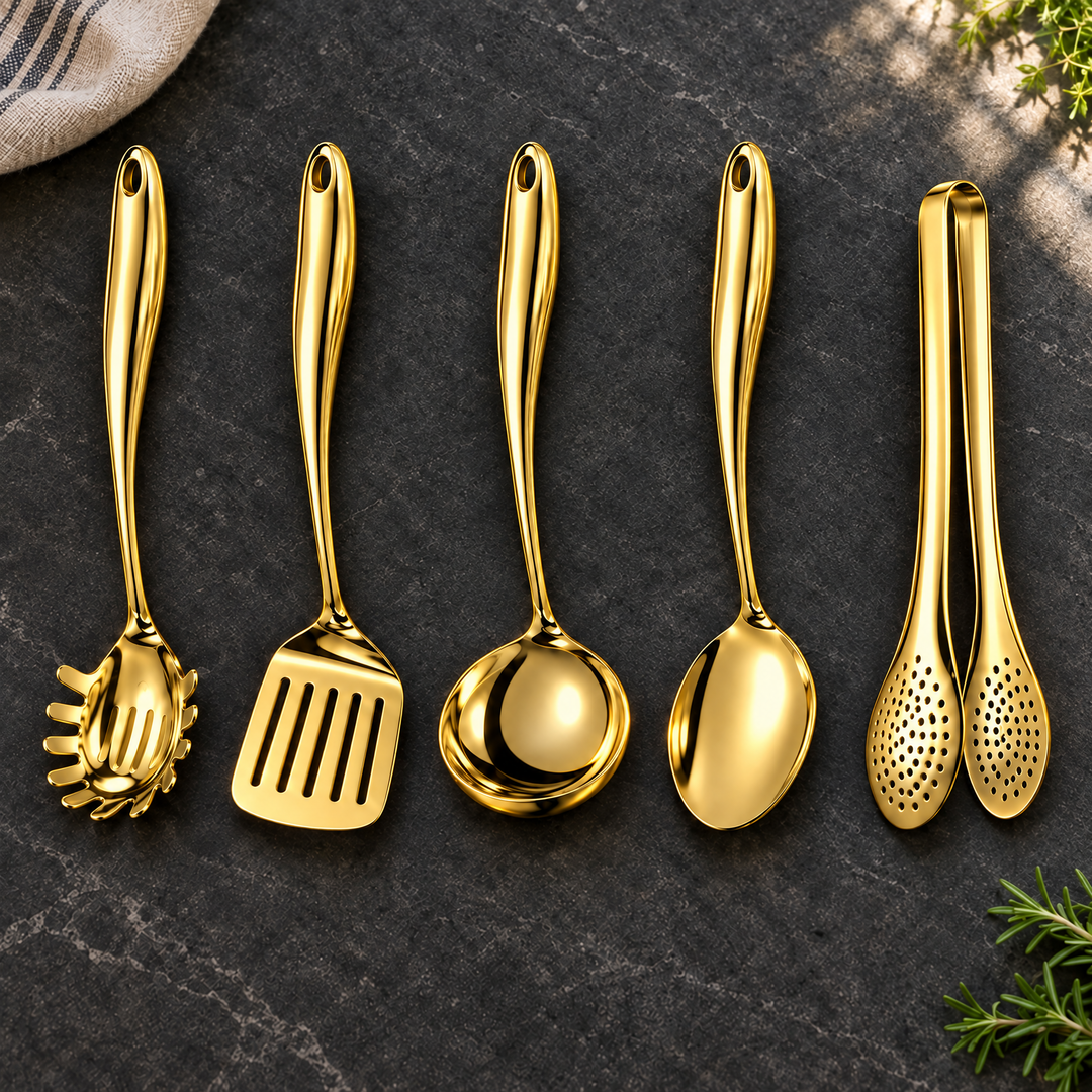 Stainless steel kitchen utensil set with curved handles, 3 to 11 pieces