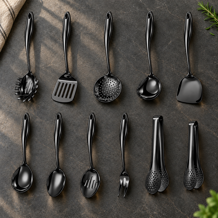 Stainless steel kitchen utensil set with curved handles, 3 to 11 pieces