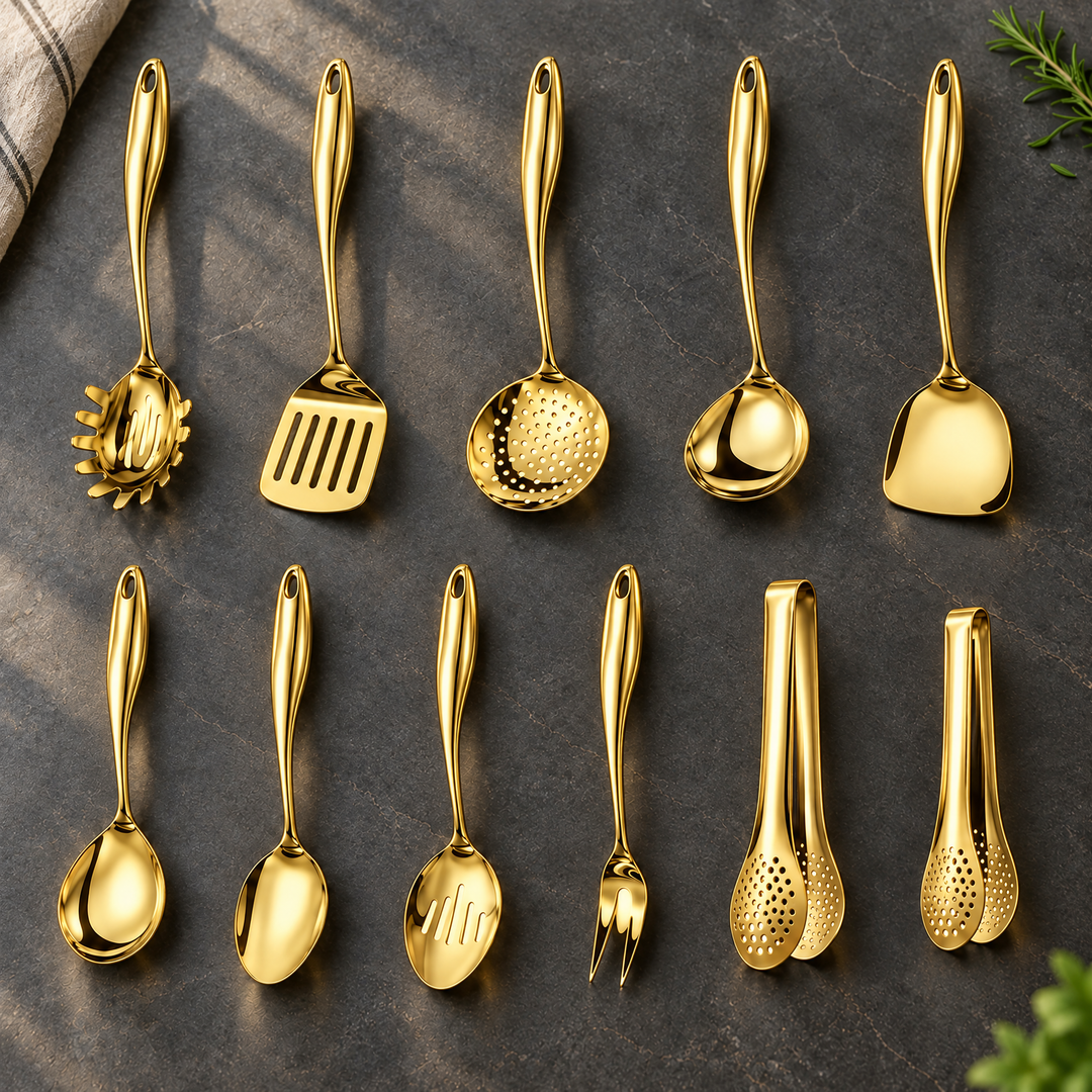 Stainless steel kitchen utensil set with curved handles, 3 to 11 pieces