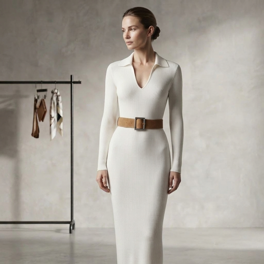 Ribbed Midi Dress with Belt & Collar