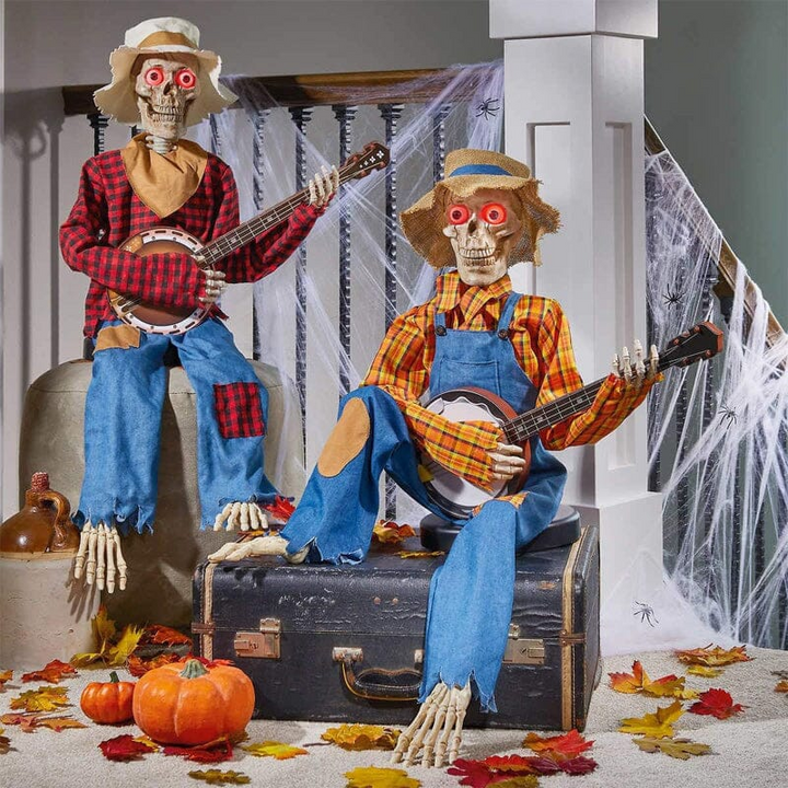 Hauntique Animated Skeleton Duo | Sound-Activated Halloween Decoration with Music and Lights