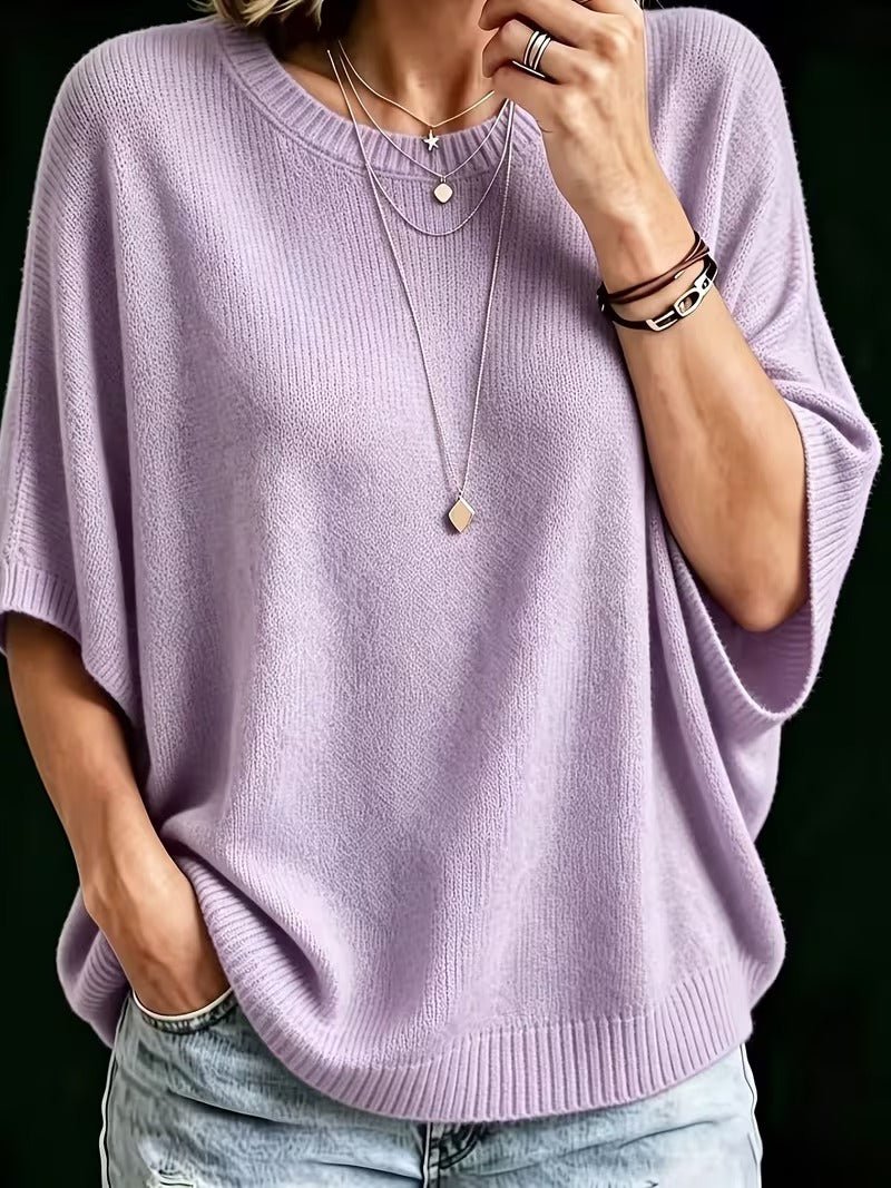 Casual Knit Top with Short Batwing Sleeves and Round Neckline